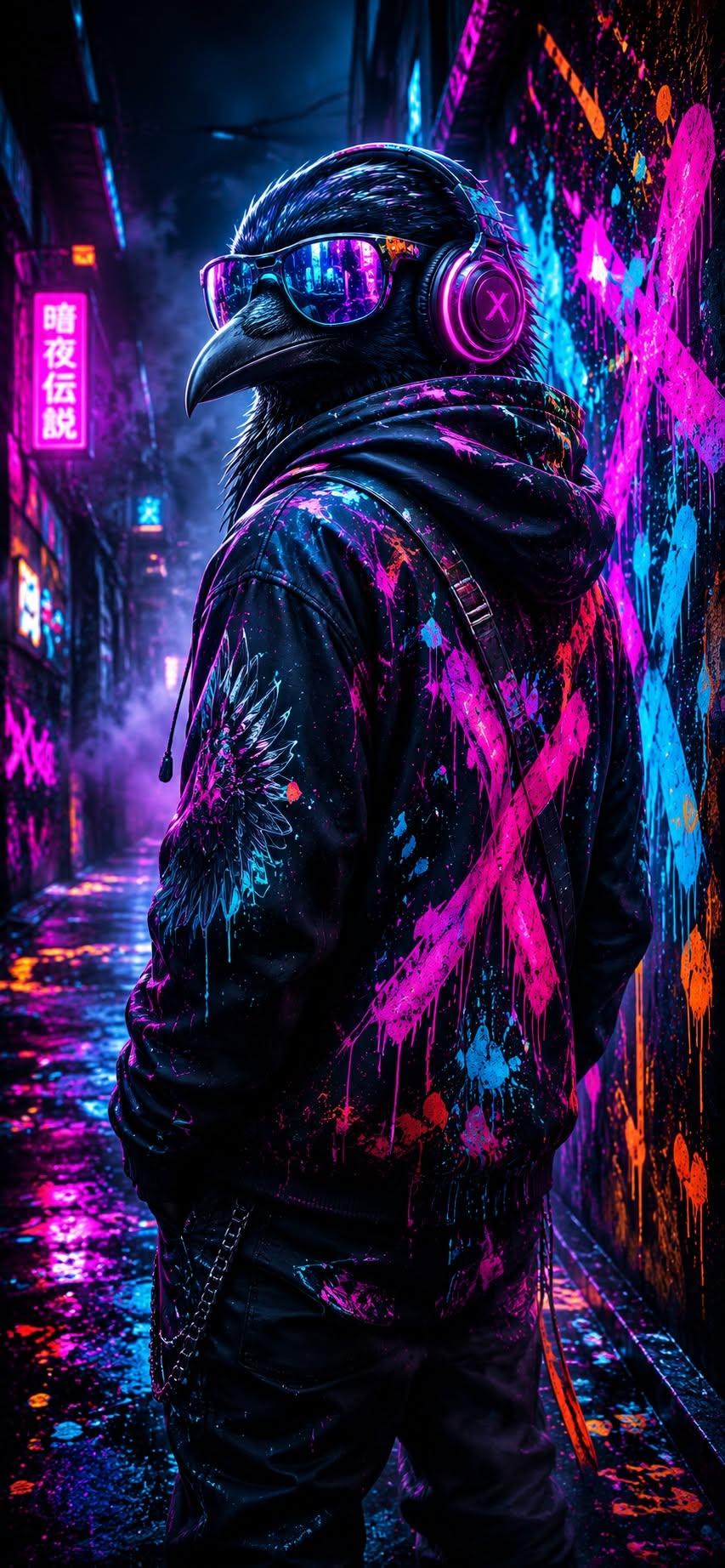 Cyberpunk crow wallpaper wearing headphones and paint-splattered hoodie in a neon graffiti alley