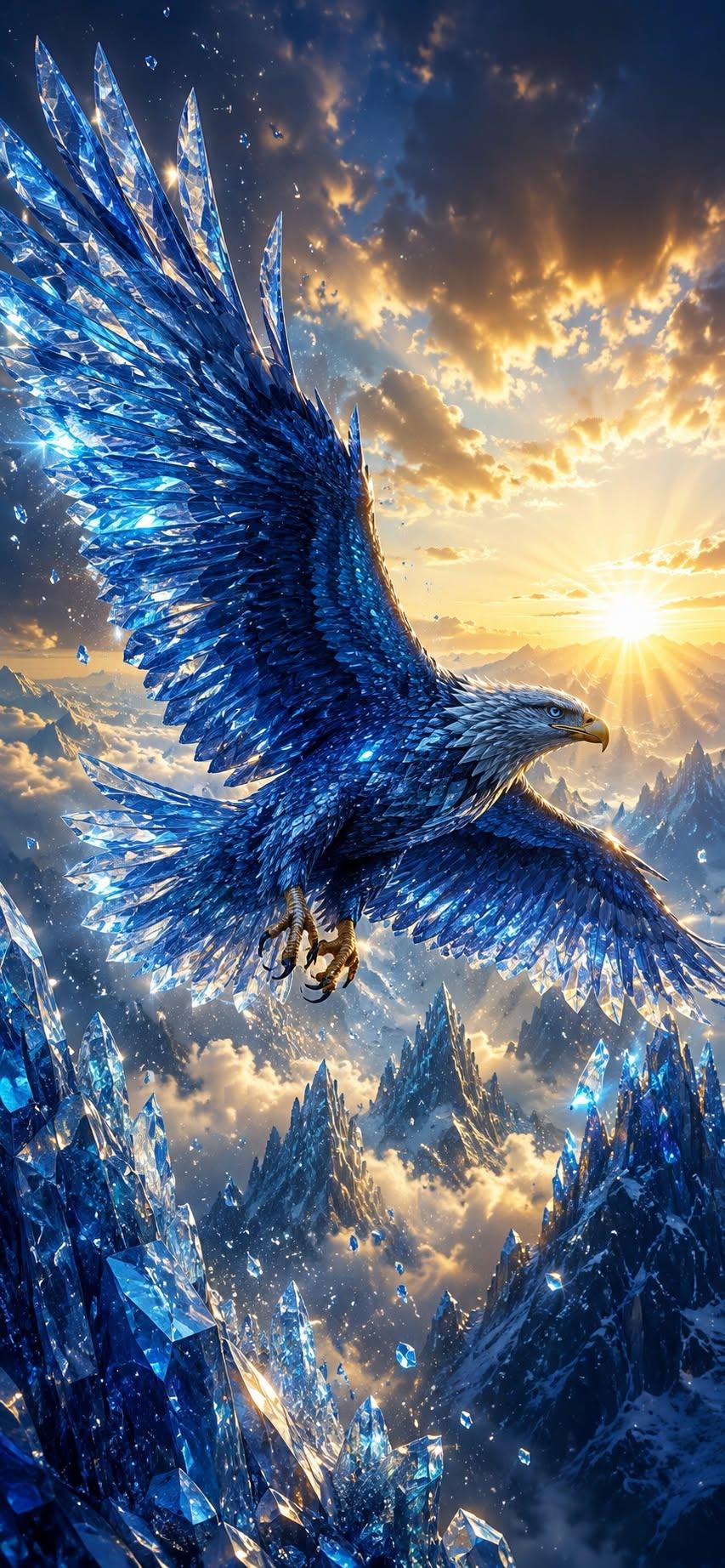 Crystal eagle wallpaper flying over icy mountain peaks under a golden sunrise
