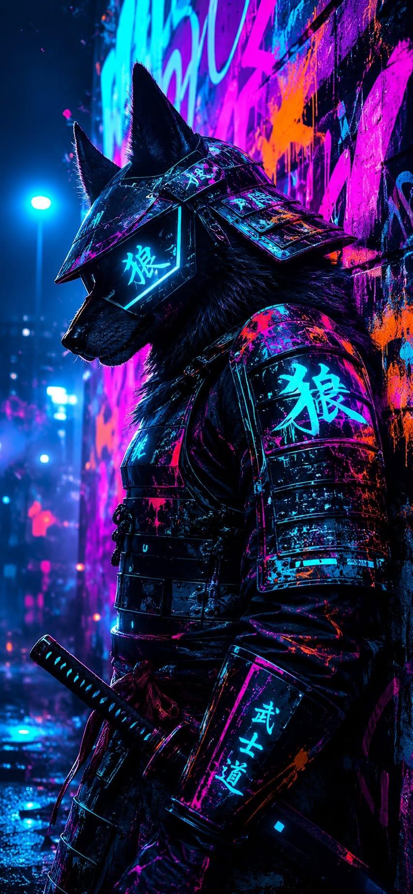 Wolf samurai wallpaper wearing glowing neon armor with katana in a graffiti alley