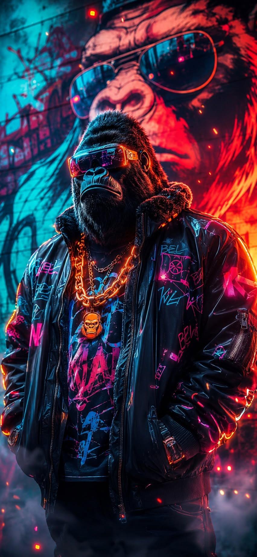 Gangster gorilla wallpaper wearing sunglasses and gold chains in front of neon graffiti mural