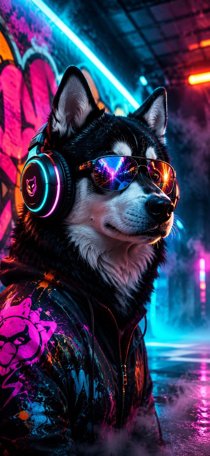 Cyberpunk husky wallpaper wearing sunglasses and neon headphones in a graffiti-lit tunnel