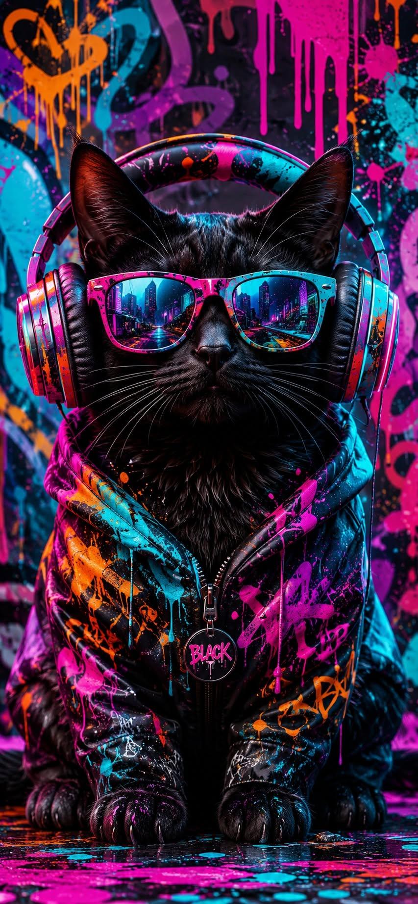 Cool black cat wallpaper wearing sunglasses and headphones in front of graffiti wall