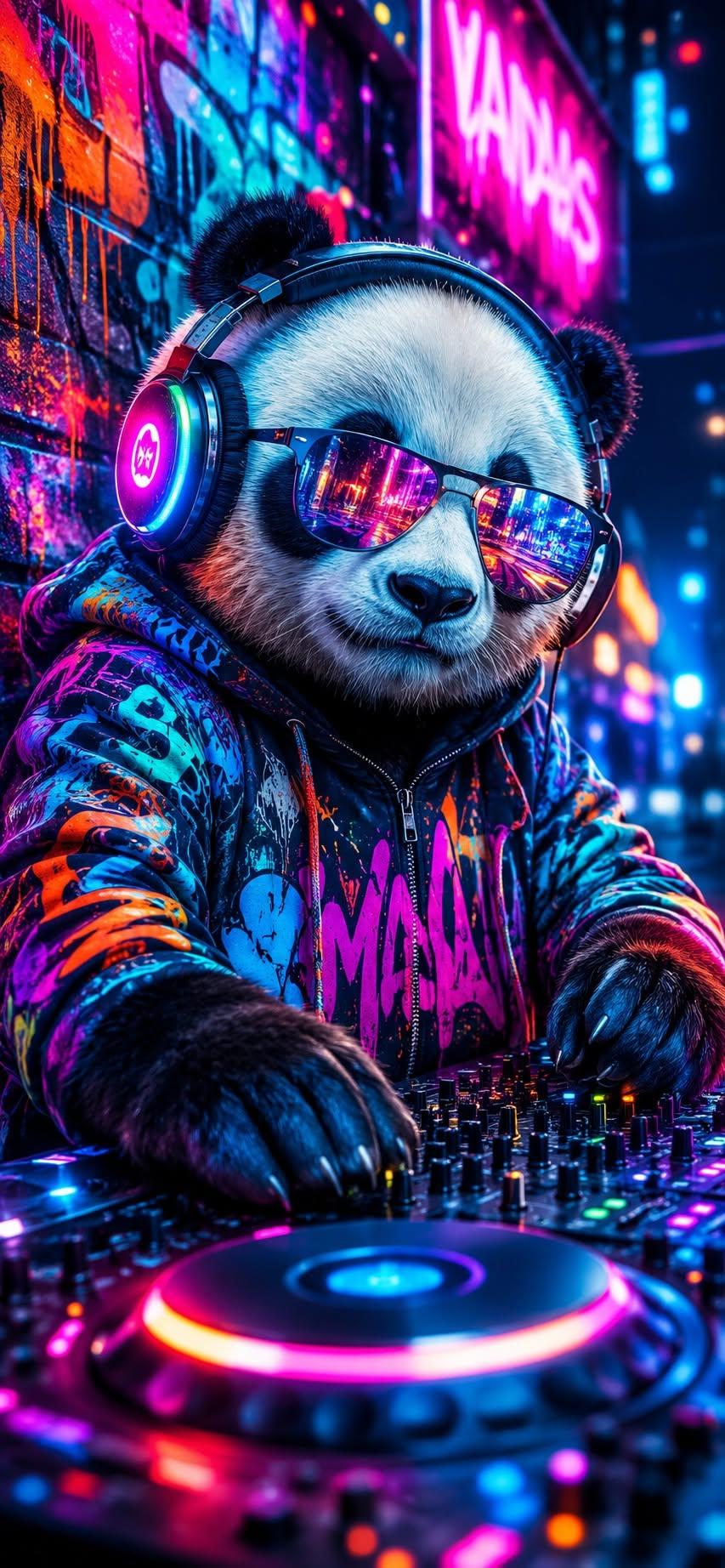 DJ panda wallpaper wearing sunglasses and headphones mixing music on a neon turntable