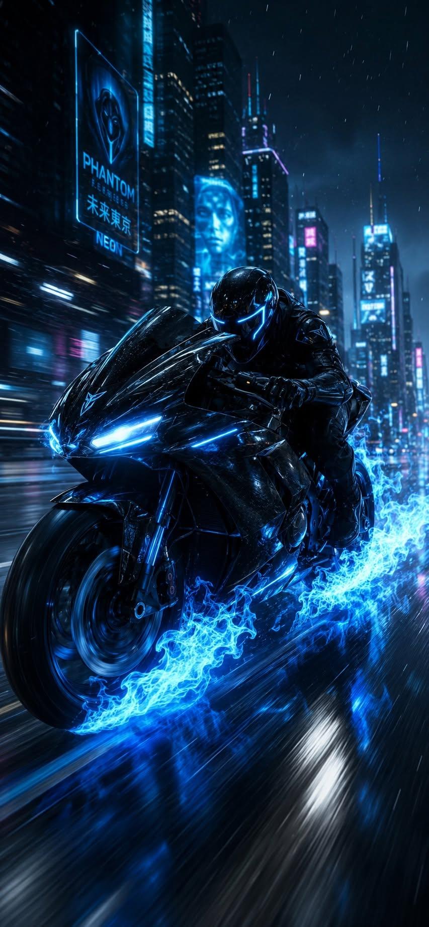 Cyberpunk motorcycle wallpaper racing through neon city with blue flame trails