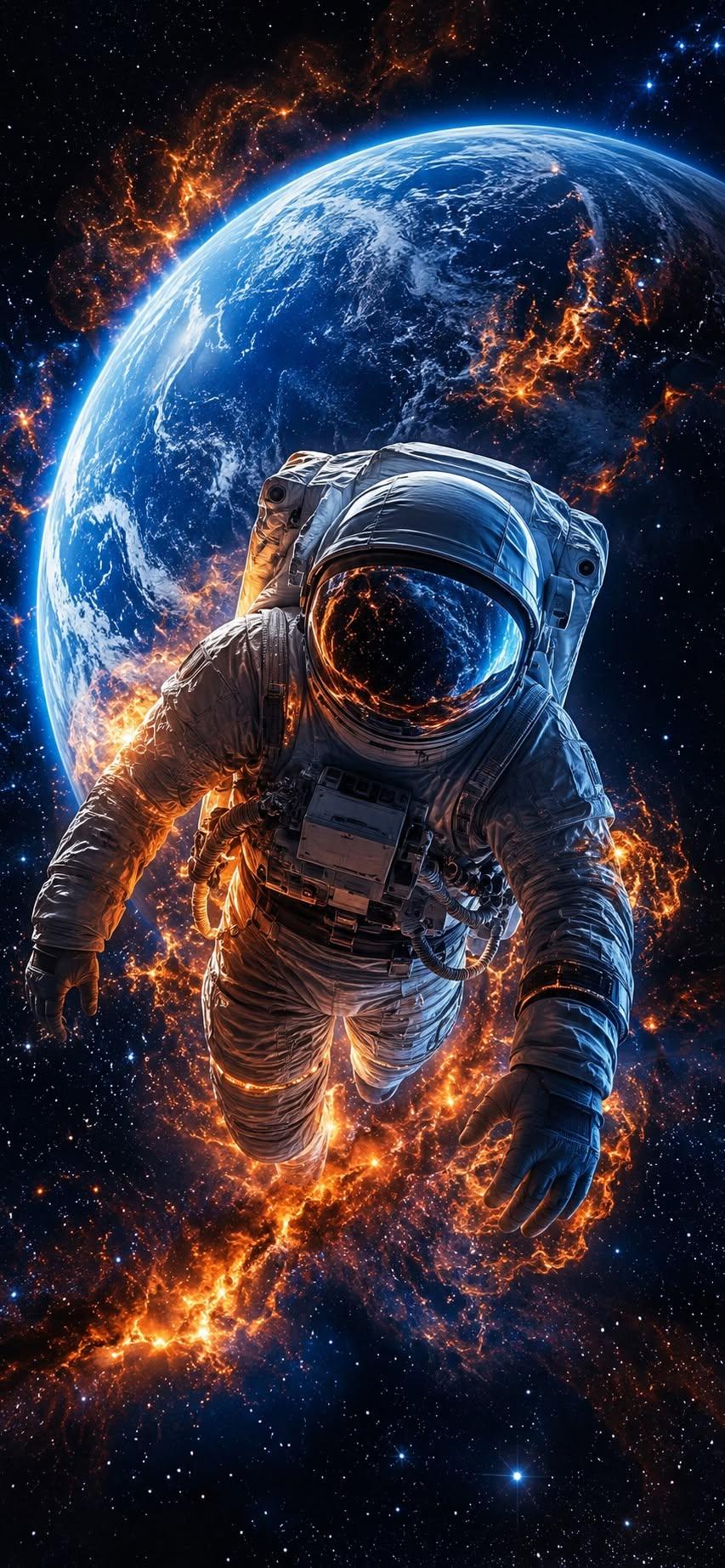 Astronaut wallpaper floating in space with glowing Earth and fiery cosmic energy