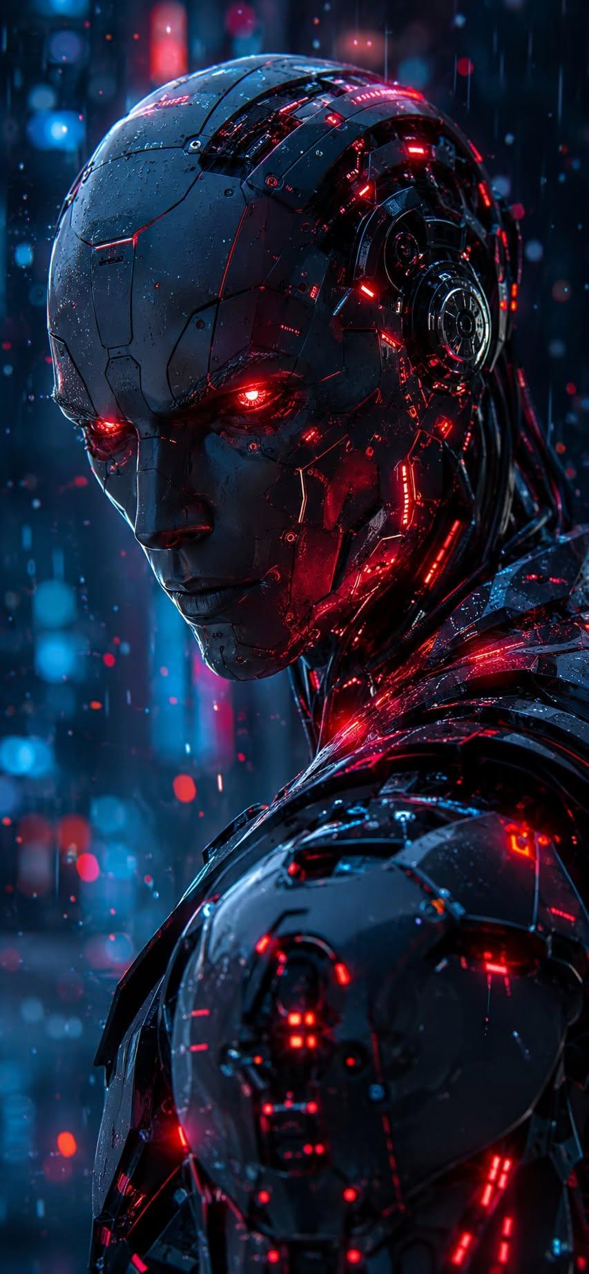 Cyberpunk robot wallpaper with glowing red circuits standing in rain against neon city