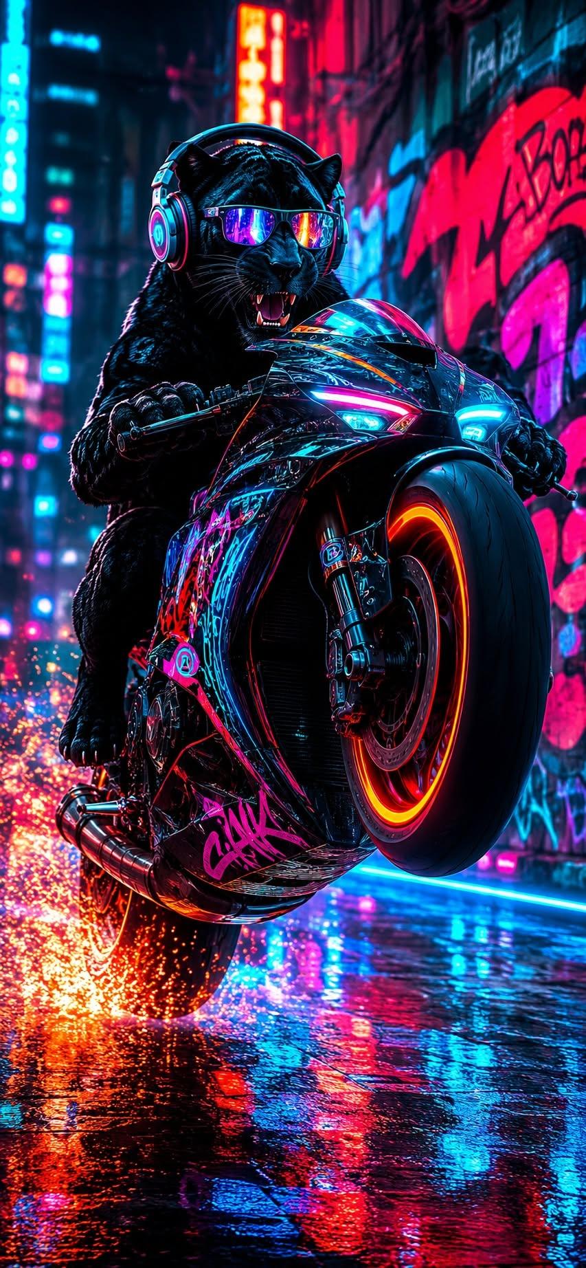 Panther biker wallpaper doing a wheelie on a neon motorcycle in graffiti street