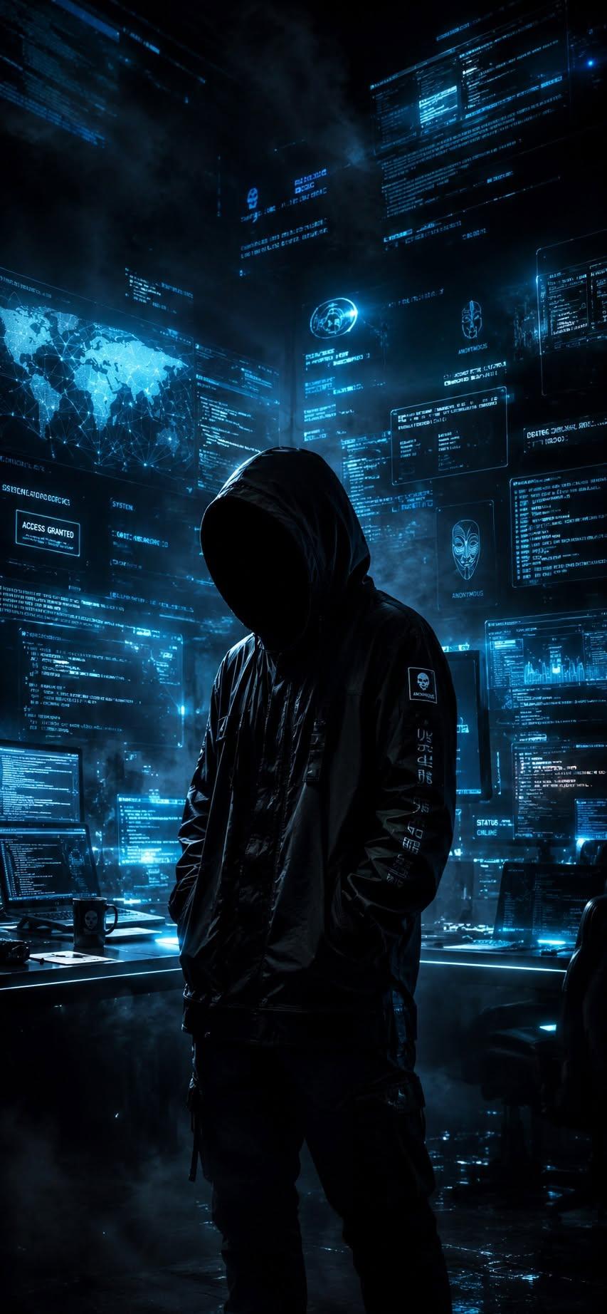Hacker wallpaper standing in front of glowing blue screens with code and data