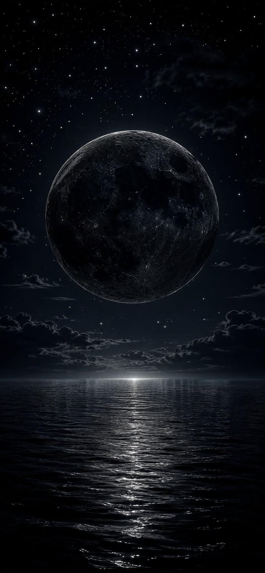 Dark moon wallpaper glowing above a calm ocean under a starry night sky