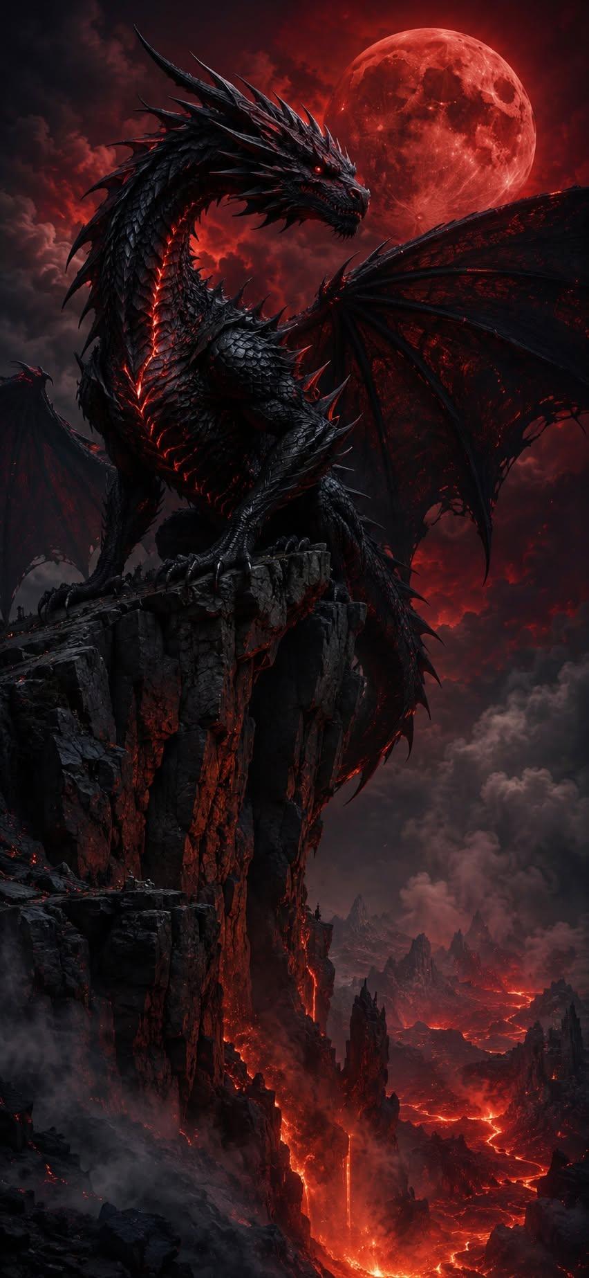 Blood moon dragon wallpaper perched on a volcanic cliff under a red moon
