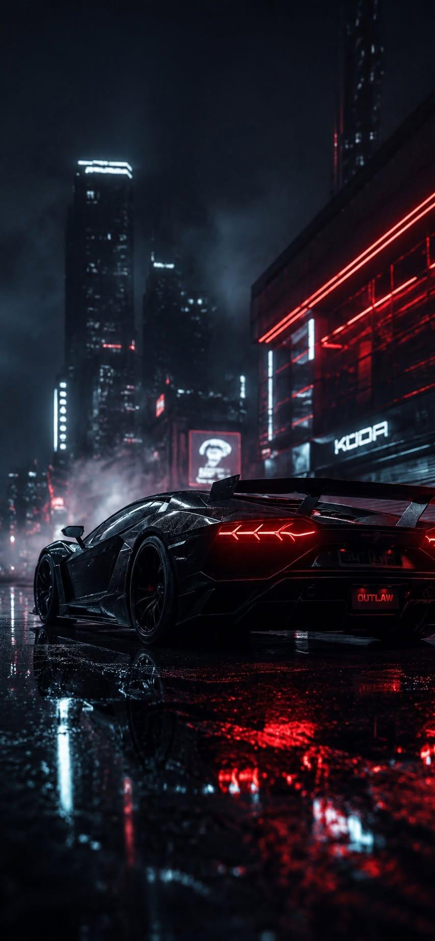 Black Lamborghini wallpaper with red taillights on a rainy neon city street