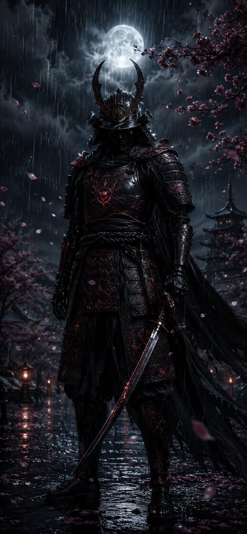 Dark samurai wallpaper holding a katana under a full moon with cherry blossoms