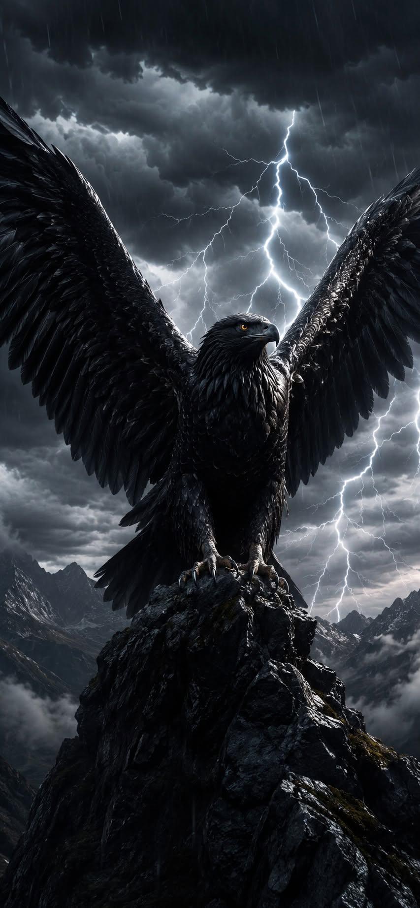 Storm eagle wallpaper with wings spread on a mountain peak during lightning