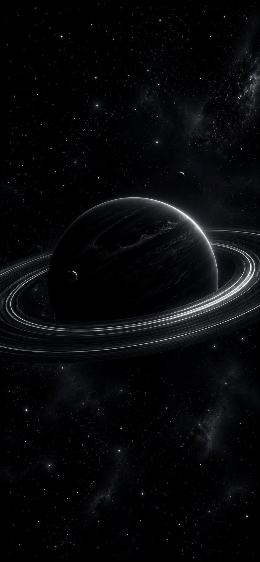 Ringed planet wallpaper with two moons floating in a dark starry galaxy