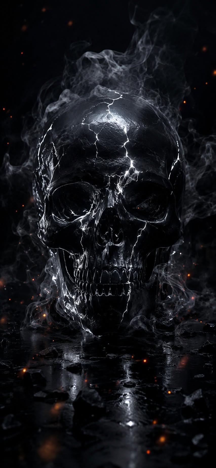 Cracked skull wallpaper glowing with light through smoke and dark reflections