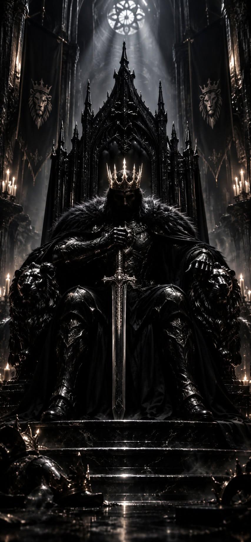 Dark king wallpaper sitting on a lion throne holding a sword in gothic hall