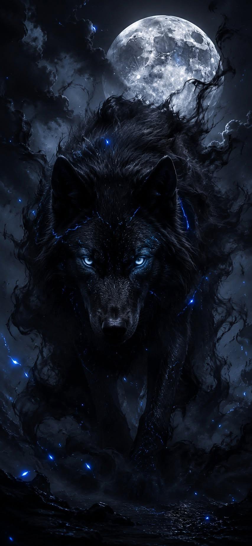 Shadow wolf wallpaper with glowing blue eyes emerging from mist under full moon