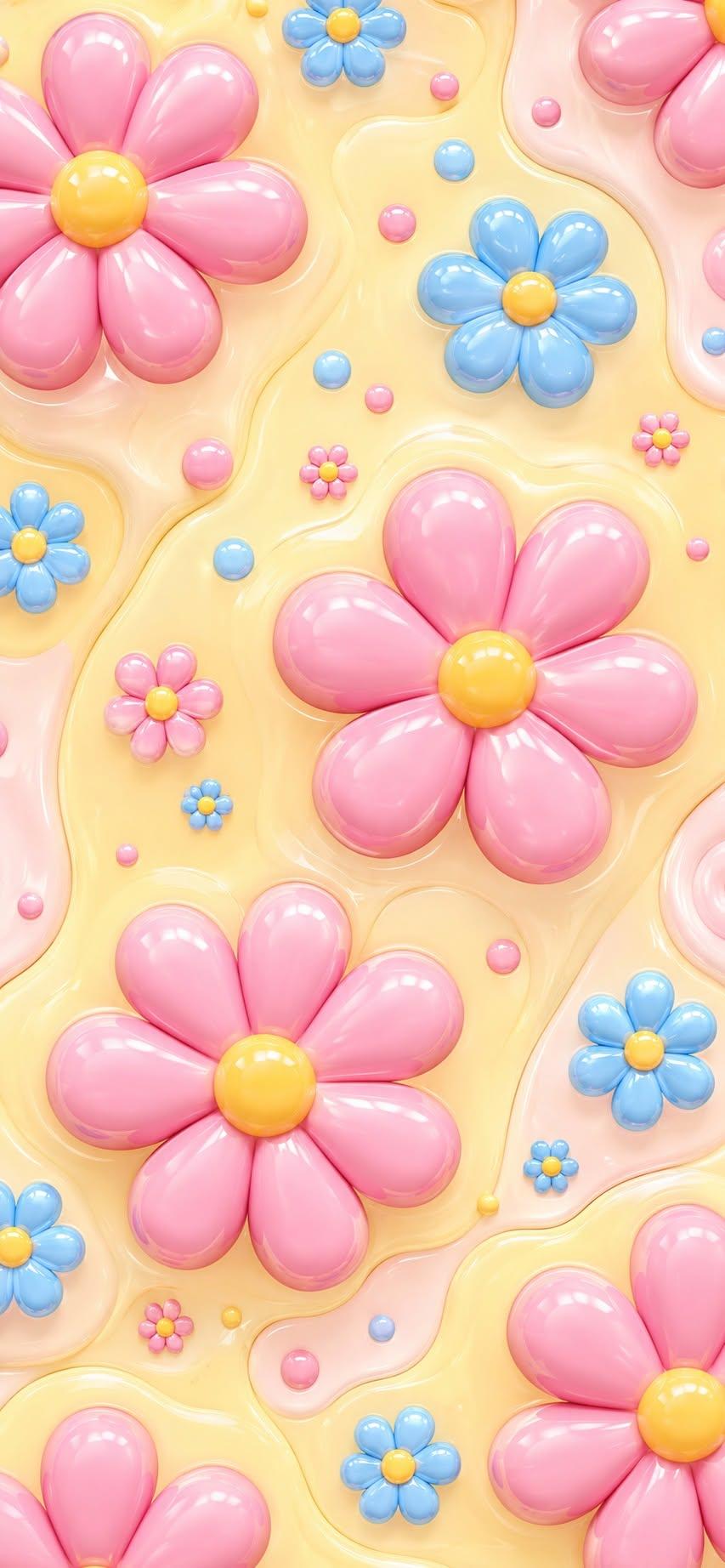 3D Flower Wallpaper – Glossy Pink Blue Daisies