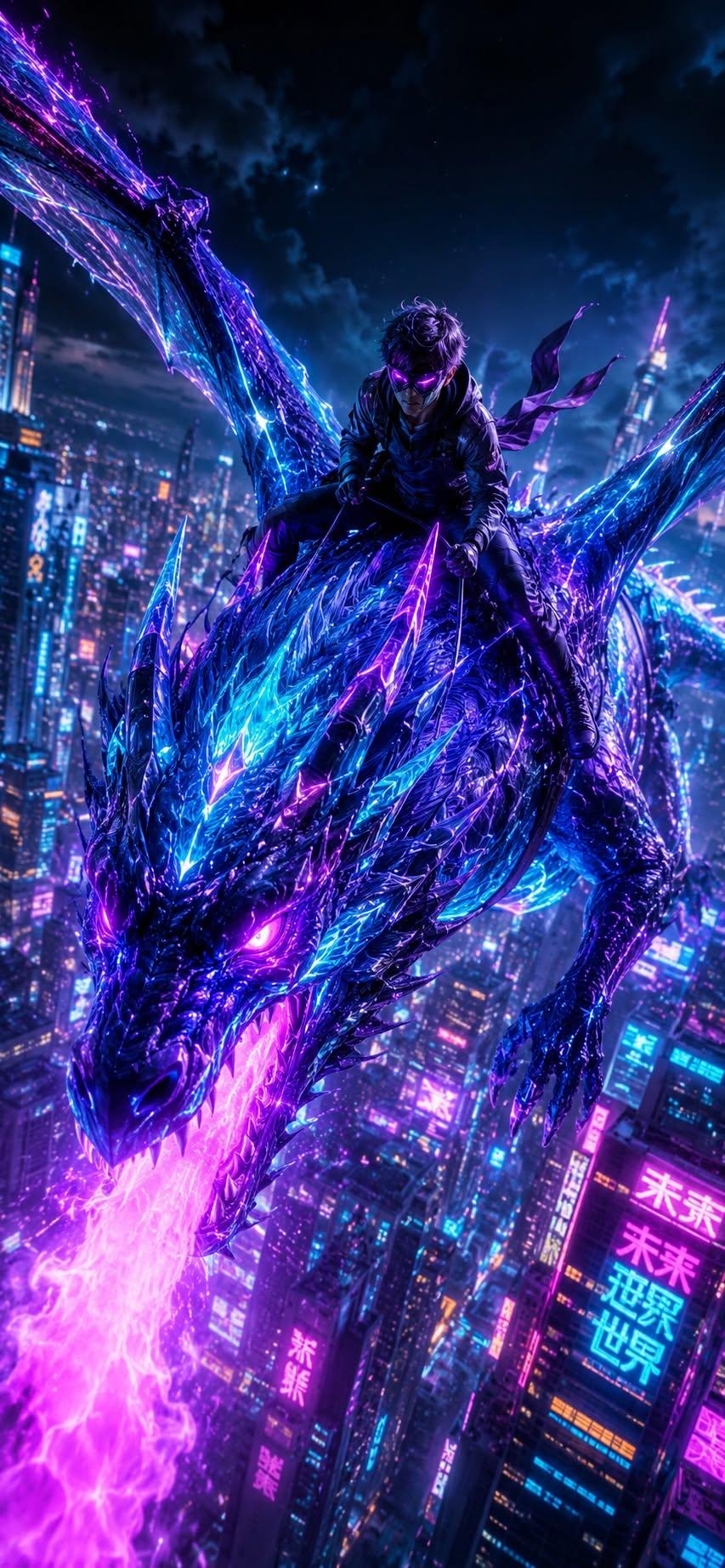 Cyberpunk dragon rider wallpaper flying above a glowing neon city at night
