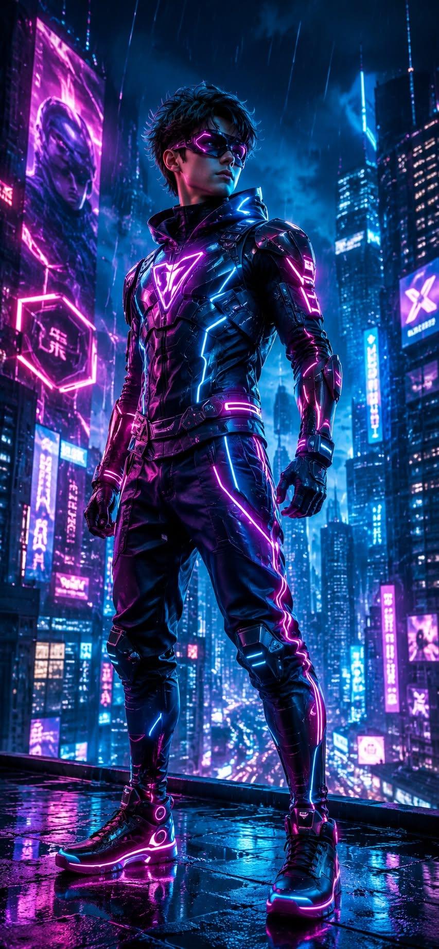 Cyberpunk warrior wallpaper in glowing purple armor standing on a neon city rooftop