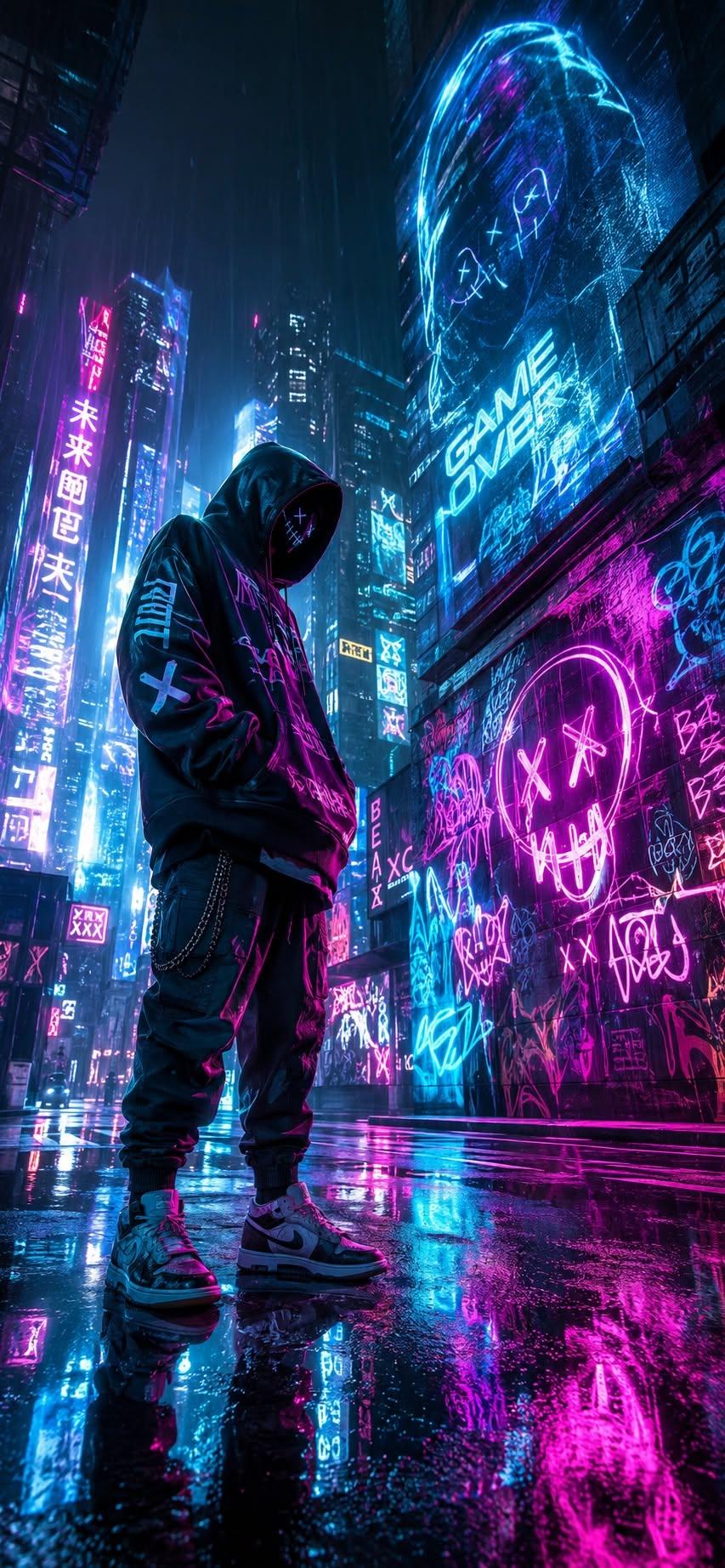 Hooded figure wallpaper standing in a neon-lit alley under a Game Over sign