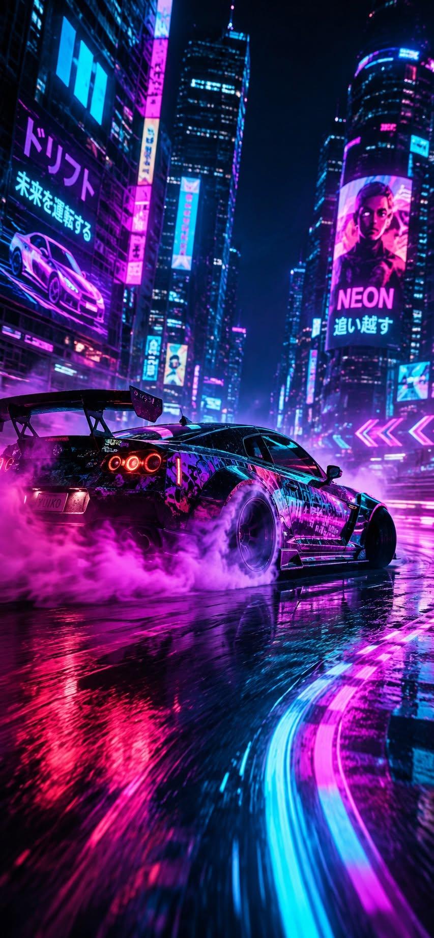 Cyberpunk drift car wallpaper racing through a rainy neon city street with smoke