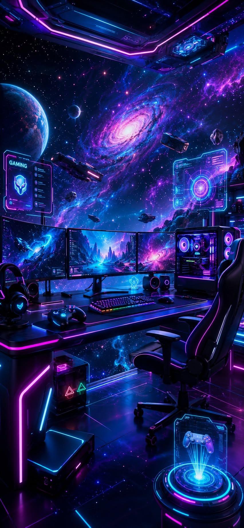 Space gaming setup wallpaper with neon lights and triple monitors overlooking a galaxy