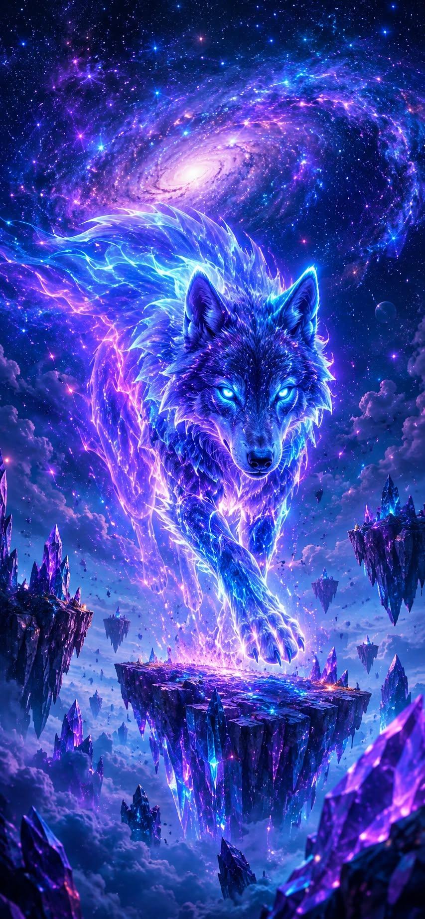 Galaxy wolf wallpaper stepping on floating crystal islands under a swirling galaxy