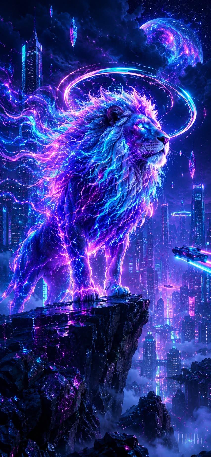 Cosmic lion wallpaper standing on a cliff above a neon futuristic city