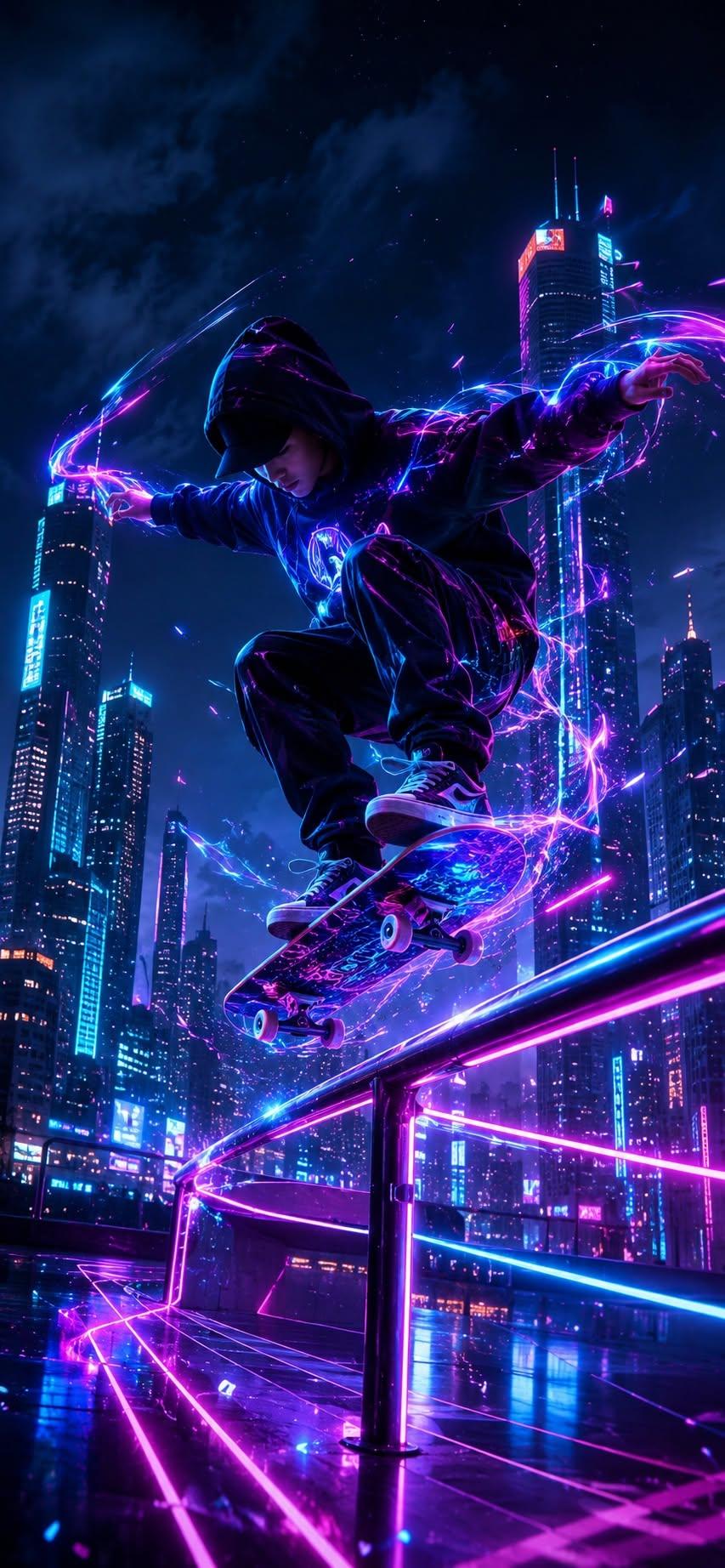 Cyberpunk skateboarder wallpaper doing a rail trick with neon energy in the city