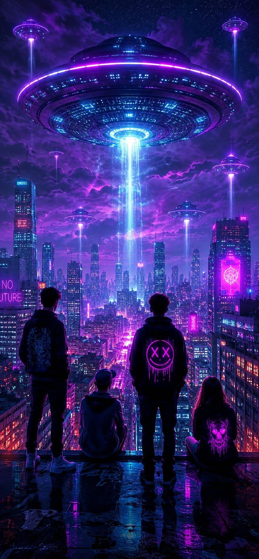 UFO invasion wallpaper with friends watching alien ships over a neon city