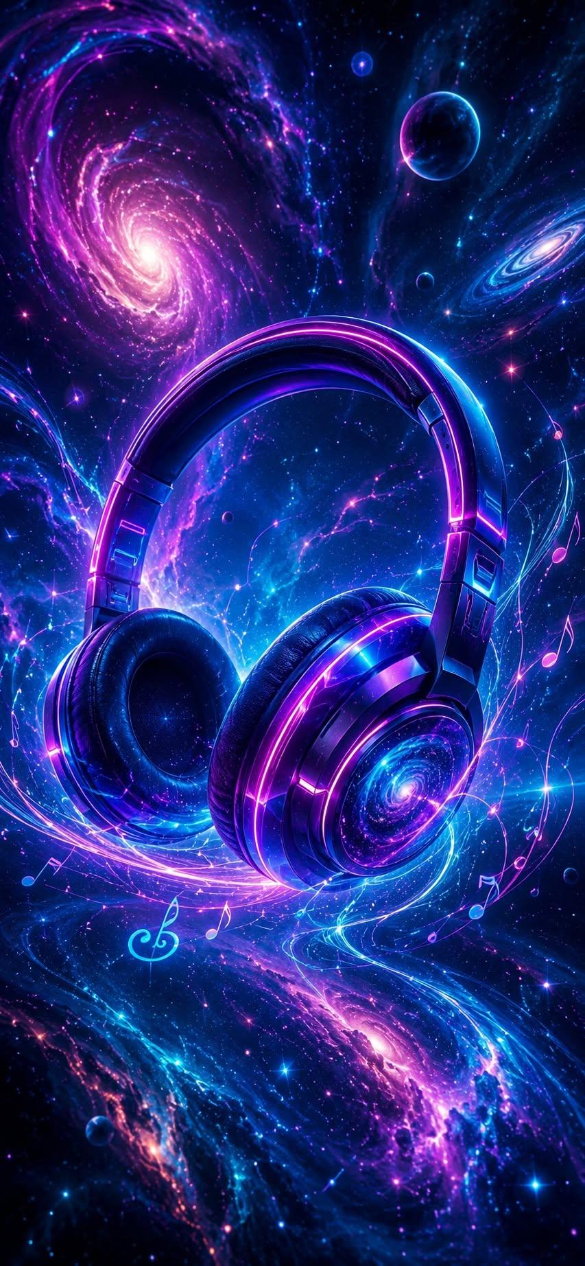 Galaxy headphones wallpaper floating in a colorful cosmic nebula with music notes