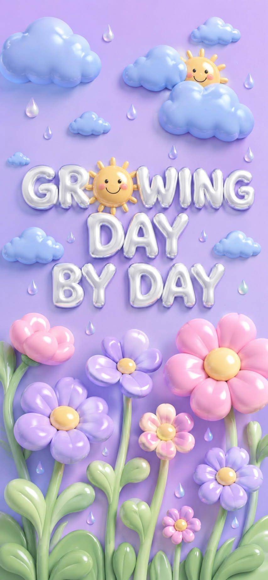 Growing day by day wallpaper with 3D balloon letters and pastel flower garden