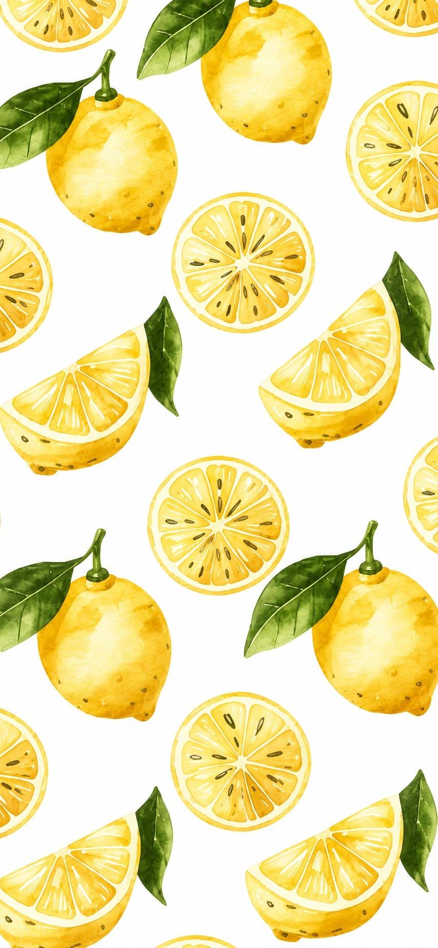 Lemon wallpaper with watercolor lemon slices and leaves on white background