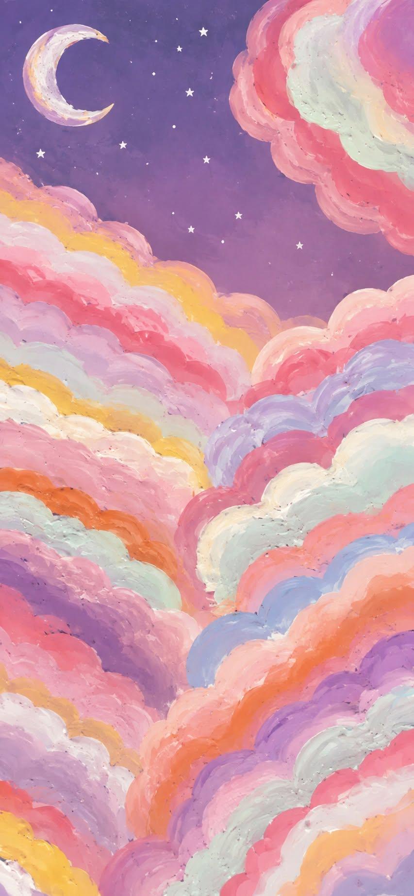 Rainbow clouds wallpaper painted in pink and orange under a crescent moon sky