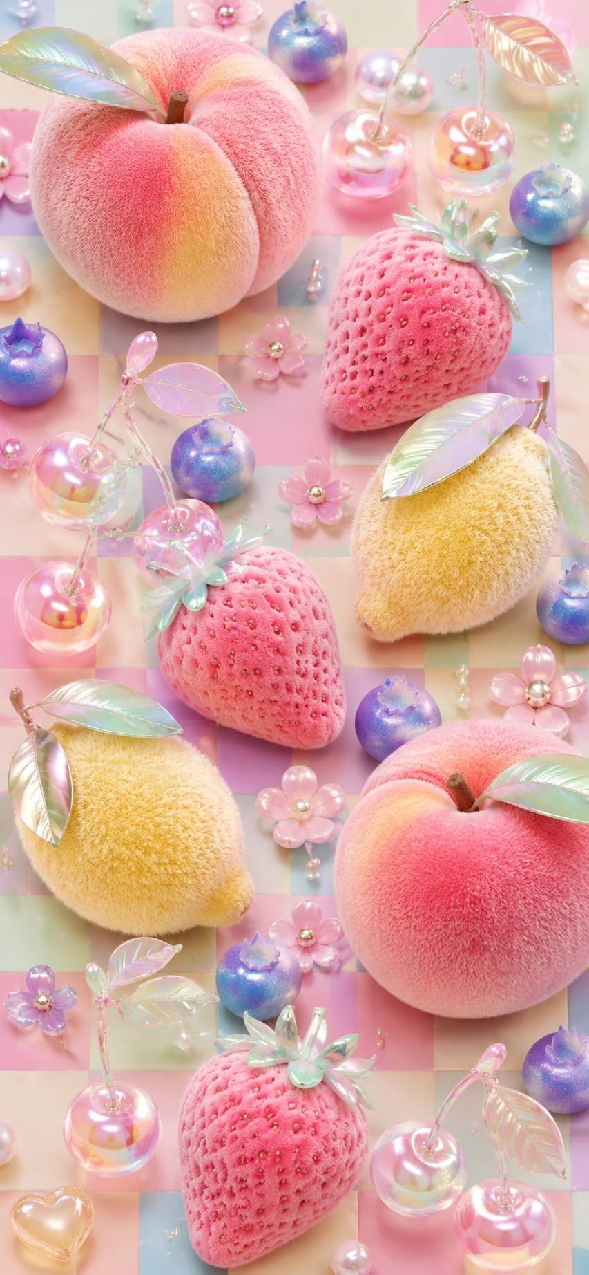 Fuzzy fruit wallpaper with plush peaches, strawberries, and glass berries on pastel background