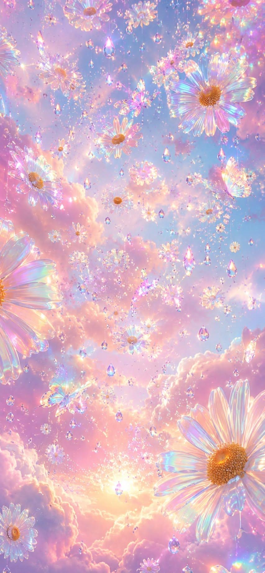 Crystal daisy wallpaper with iridescent flowers and butterflies in a pastel sparkly sky