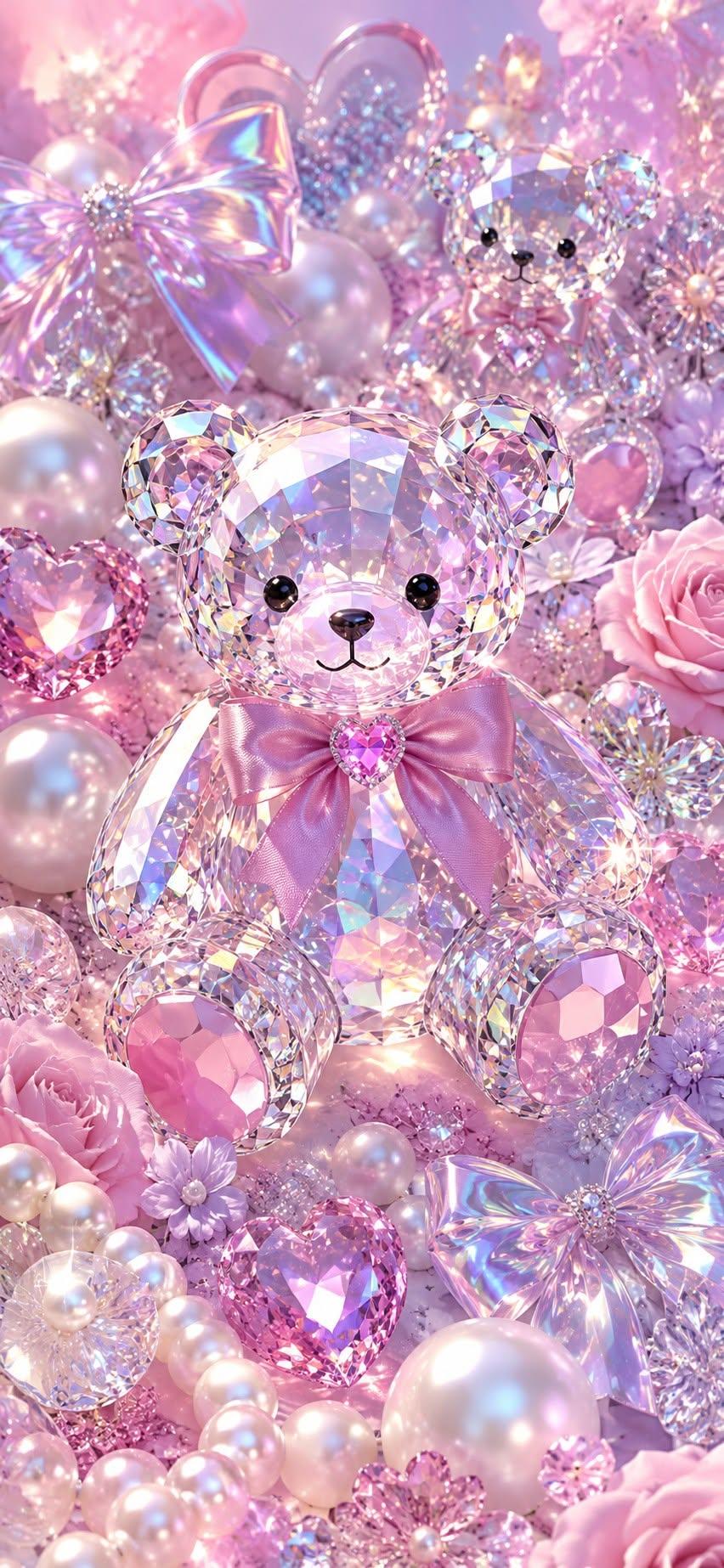 Crystal teddy bear wallpaper with pink bow surrounded by pearls and gems