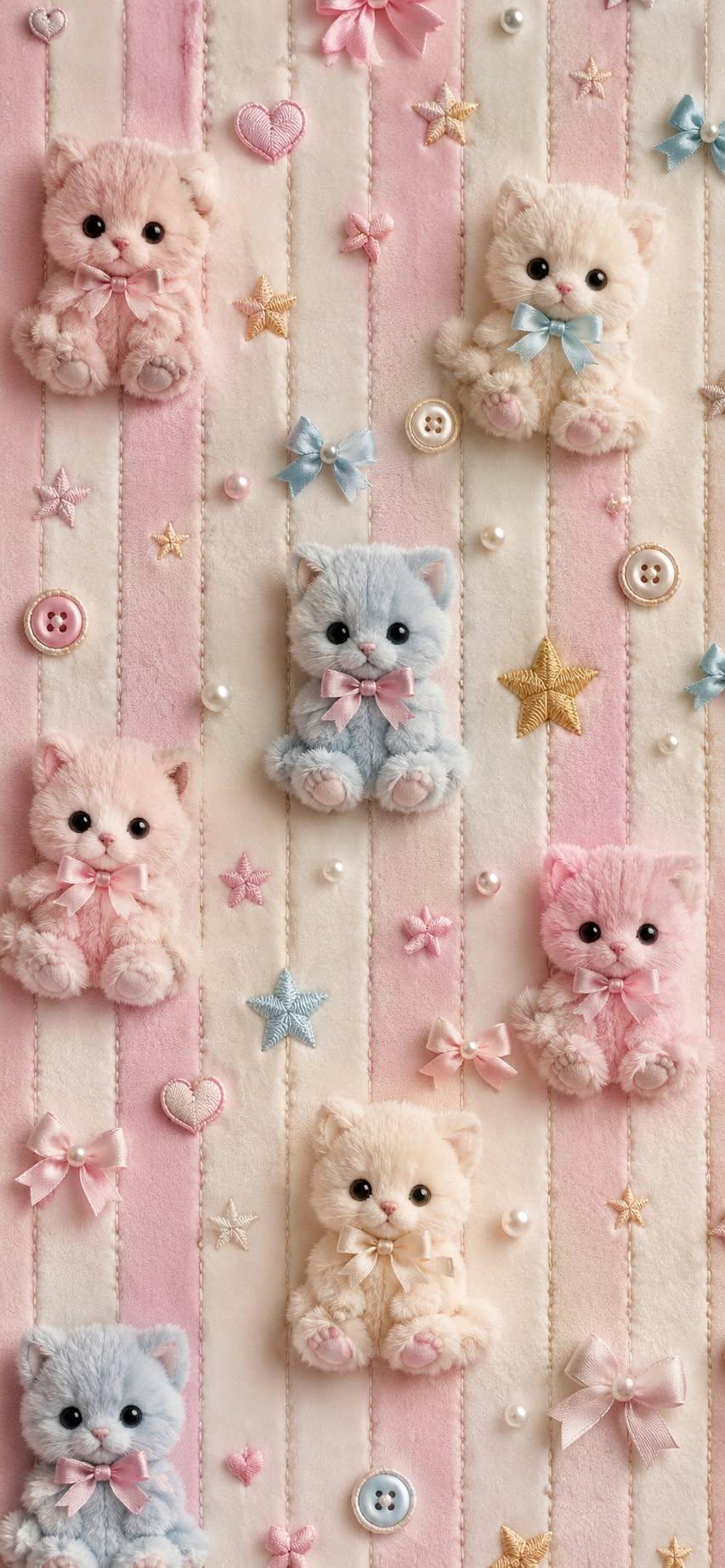 Cute kitten wallpaper with fluffy plush kittens and bows on pastel fabric