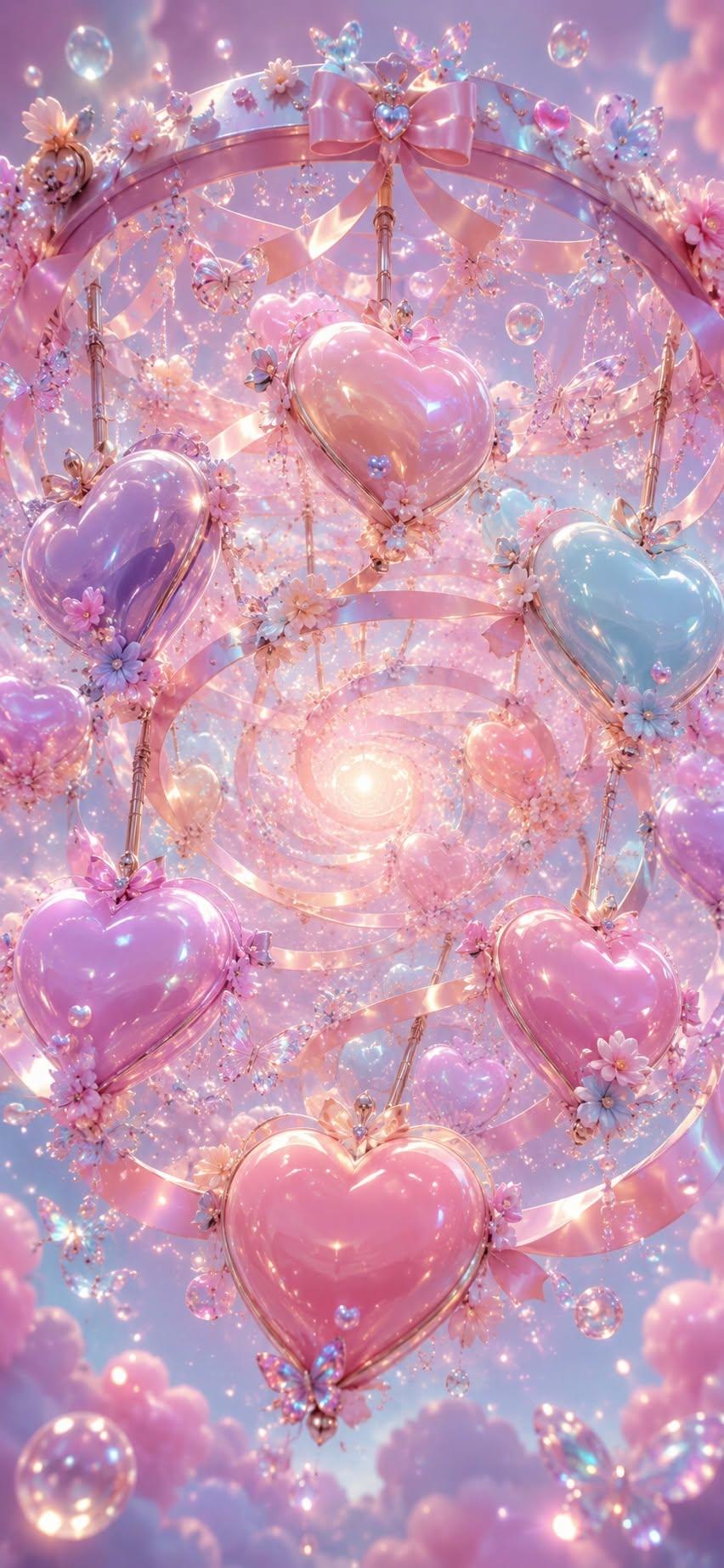 Magical heart wallpaper with glossy pastel hearts hanging around a glowing swirl