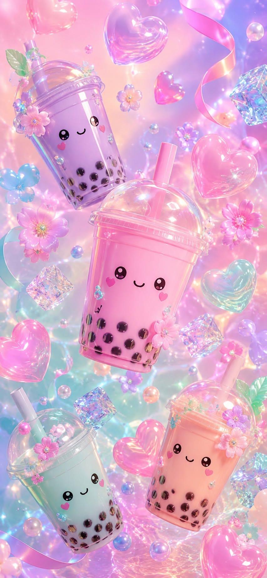 Kawaii boba wallpaper with smiling pastel bubble tea cups and hearts