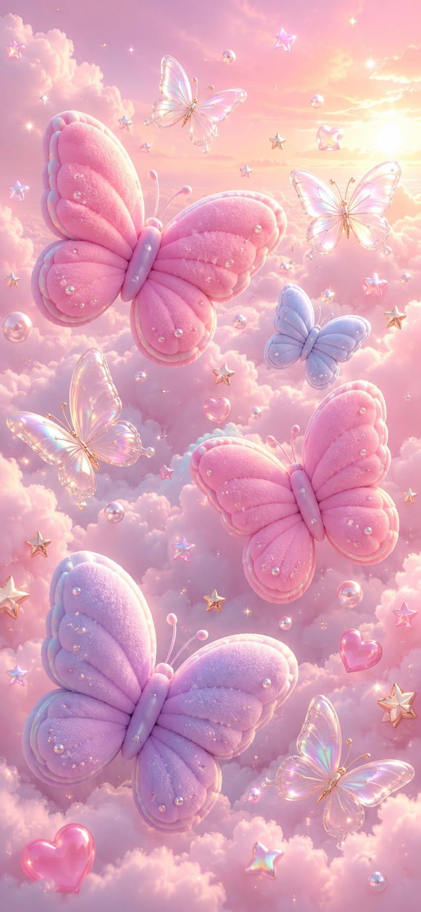 Fuzzy butterfly wallpaper with plush pink and purple butterflies in pastel sky