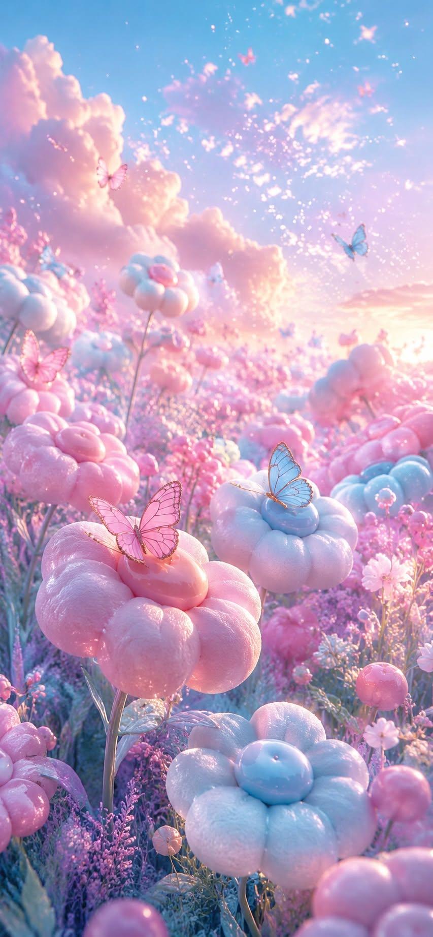 Fantasy flower field wallpaper with glossy pastel blooms and butterflies under dreamy sky