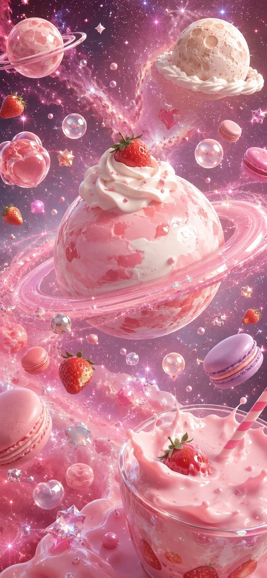 Strawberry dessert galaxy wallpaper with cream planets and macarons in pink space