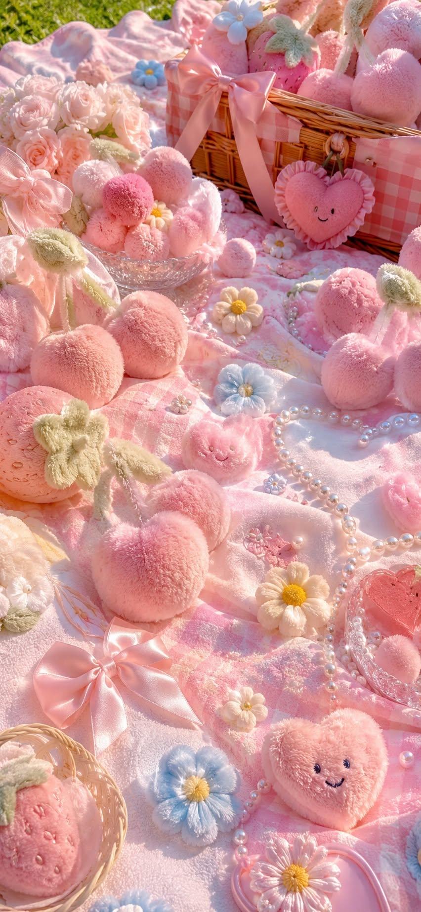 Pink picnic wallpaper with plush cherries, hearts, and flowers on pastel blanket