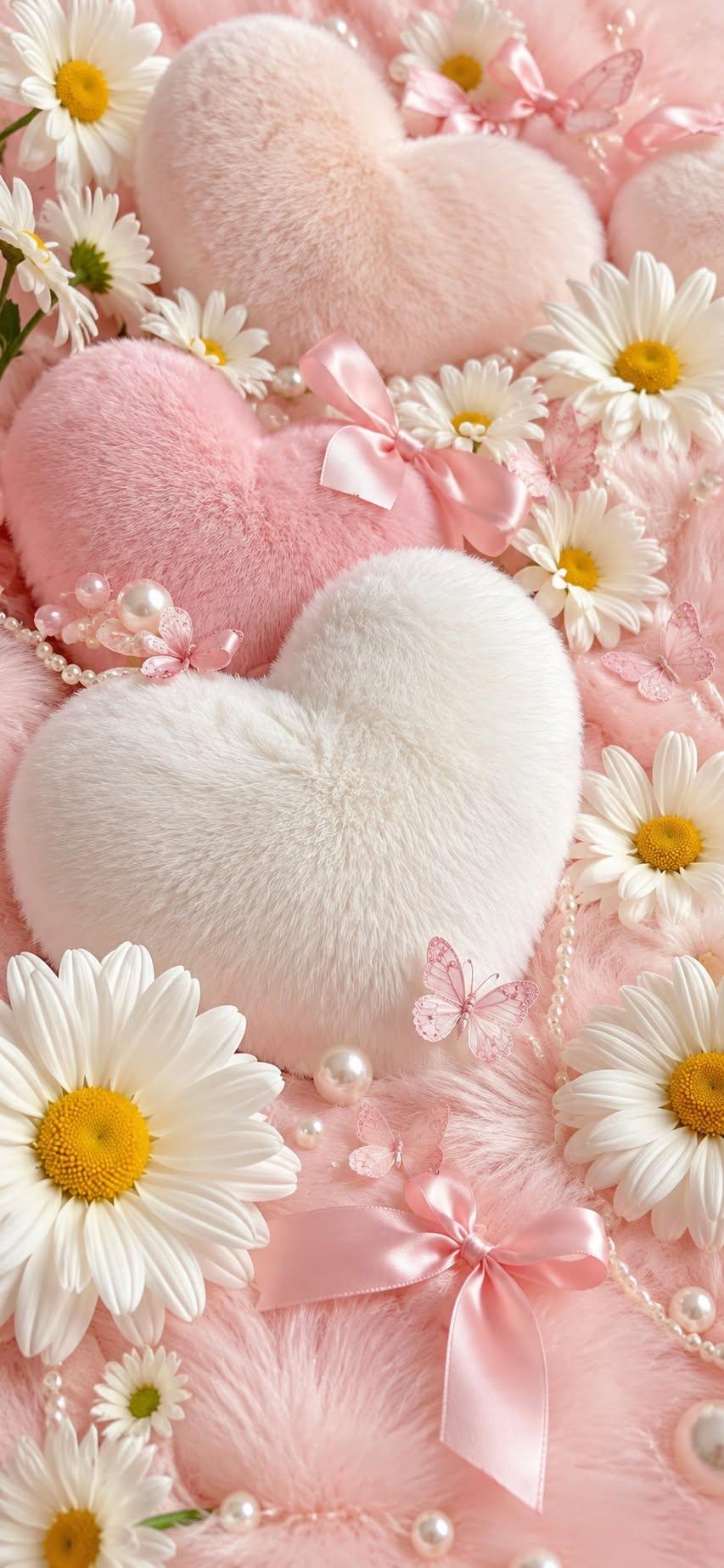 Fluffy heart wallpaper with pink and white hearts surrounded by daisies and pearls