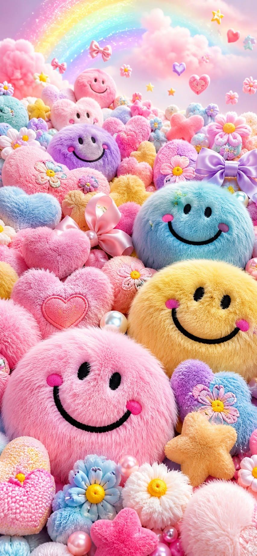Fuzzy smiley wallpaper with colorful plush smiley faces and hearts under a rainbow