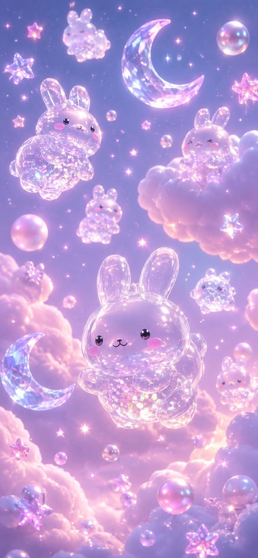 Crystal bunny wallpaper with glittery glass bunnies floating in a purple sparkly sky