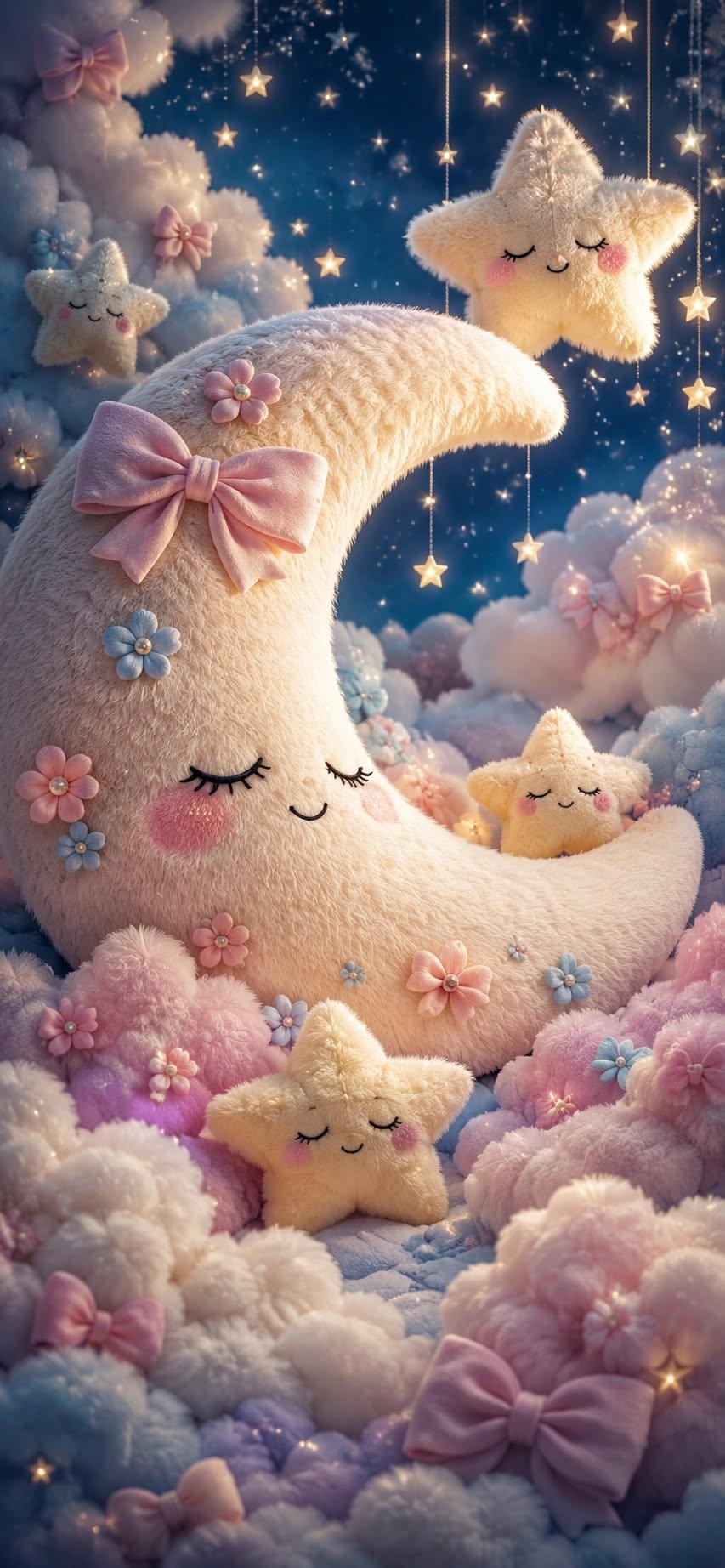 Sleepy moon wallpaper with fluffy plush stars and clouds in a night sky
