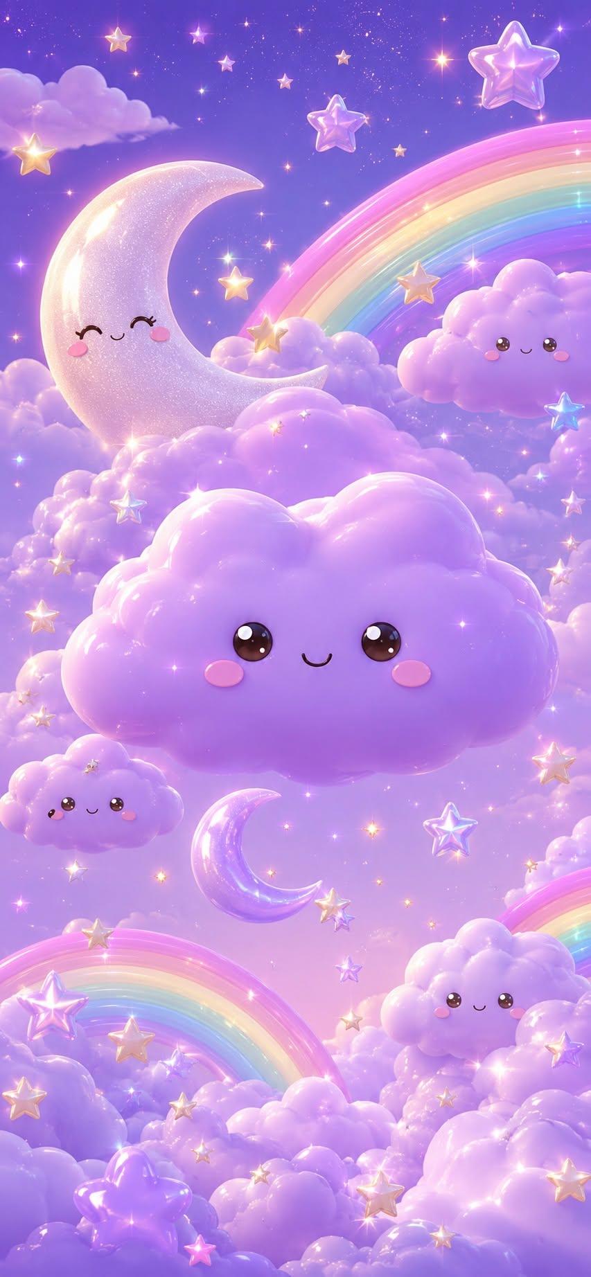 Cute kawaii lavender clouds with smiling faces, pastel rainbow, crescent moon, and sparkling stars.